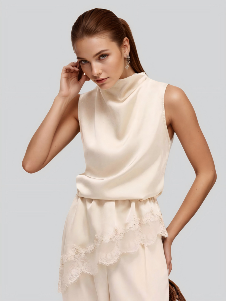 Lace Trim Satin Sleeveless Blouse