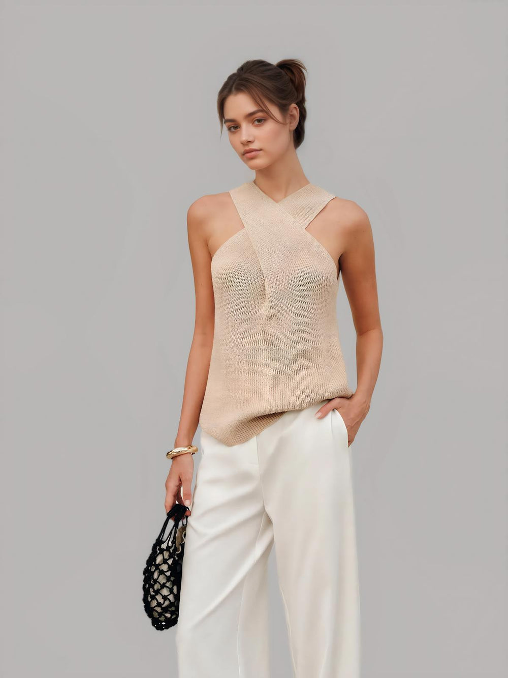 Halter Cross-Over Collar Tank Top HONEEAR