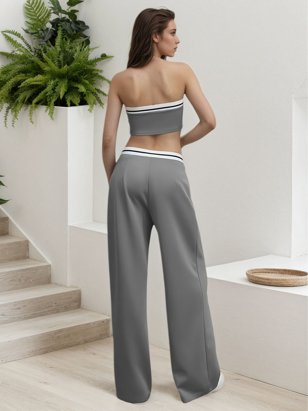 Tube Top Two Piece Contrast Waistband Pants Set