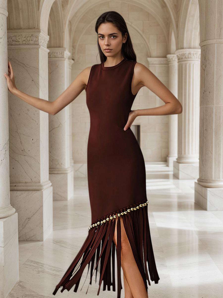 Diagonal Tassels Knit Dress HONEEAR