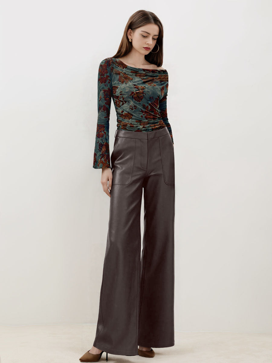 Faux Leather Micro-Flared Straight-Leg Pants