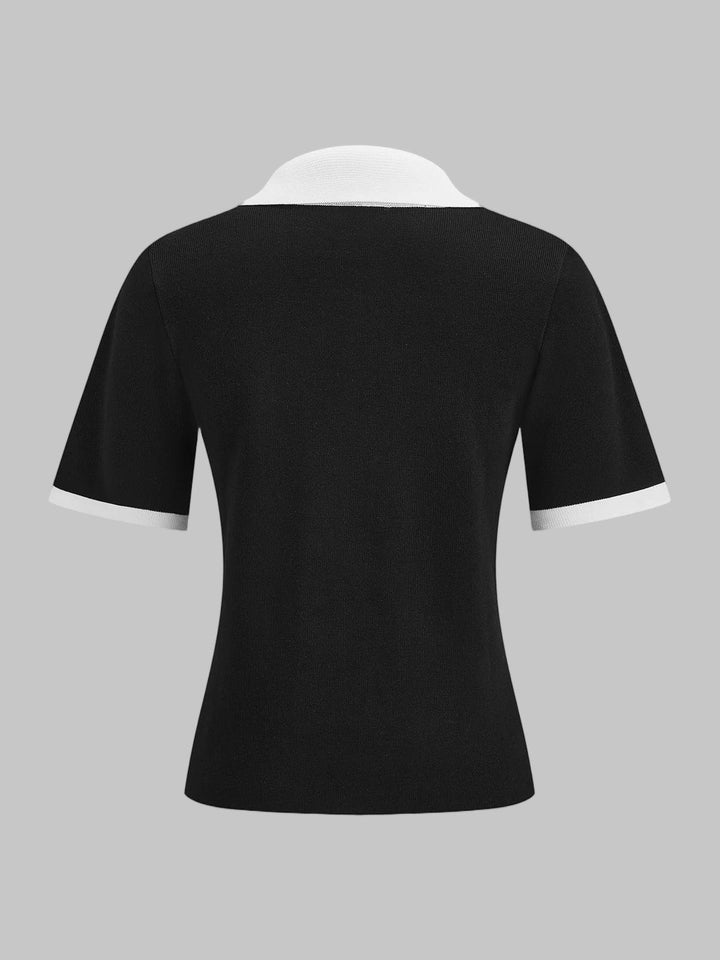 Short Sleeve Zipper Collar Knitted Polo Top