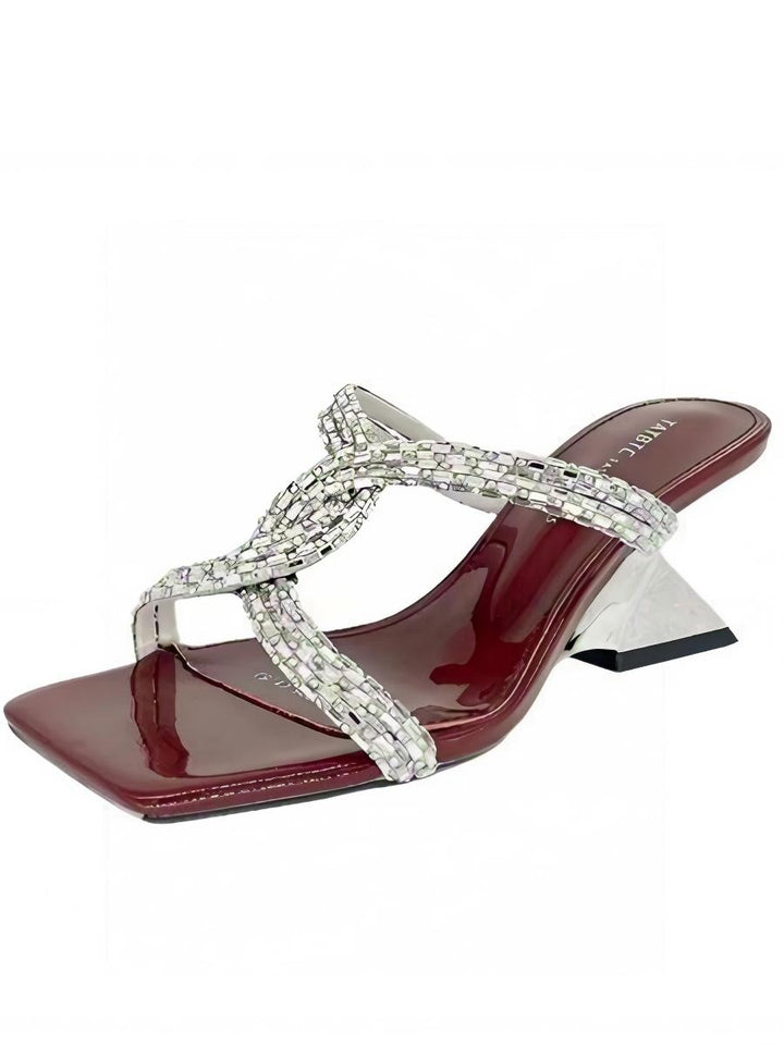 Diamond Embellished Block Heel Slippers | Square Toe Mules