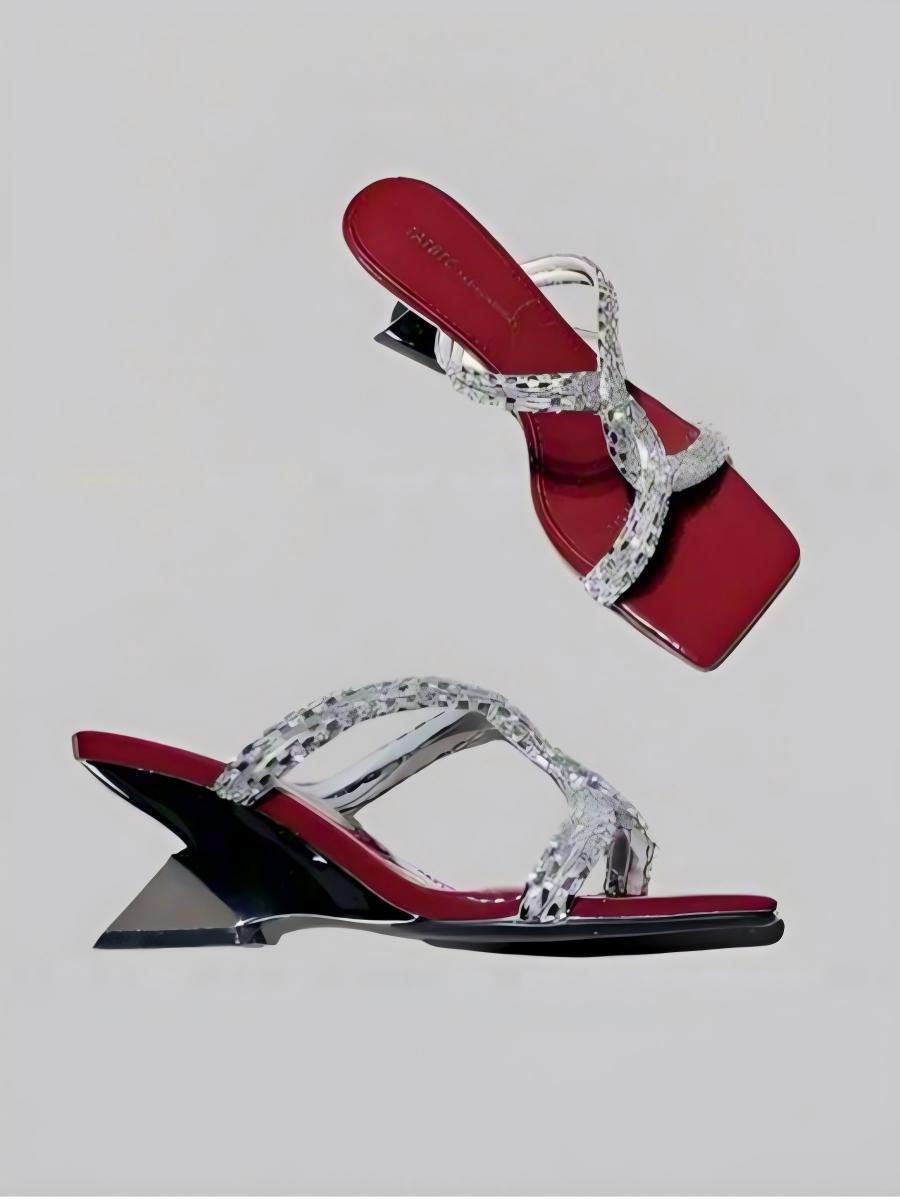 Diamond Embellished Block Heel Slippers | Square Toe Mules