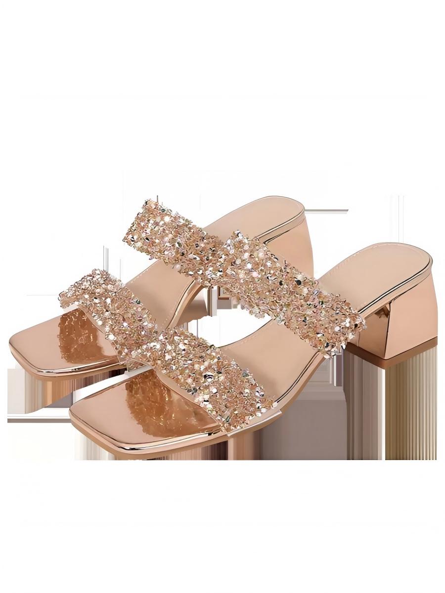 Diamond Embellished Block Heel Slippers