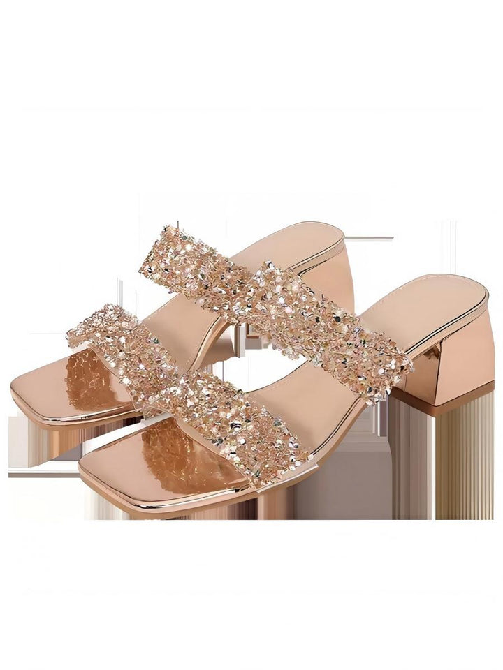 Diamond Embellished Block Heel Slippers