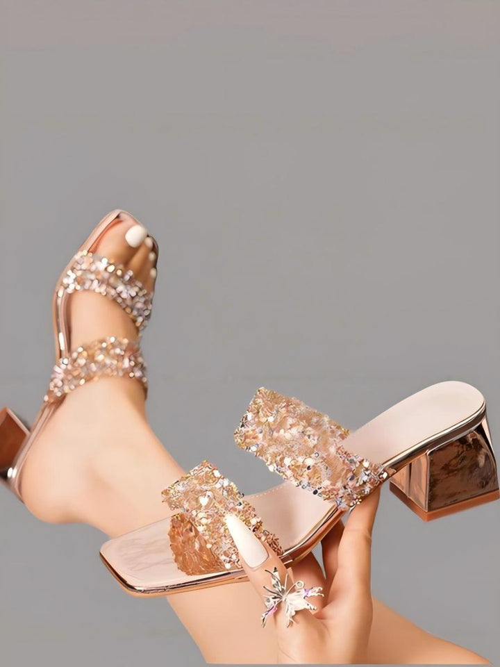 Diamond Embellished Block Heel Slippers