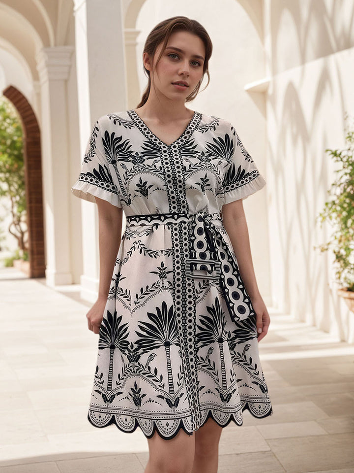 Plant Print V-Neck Belted Dress