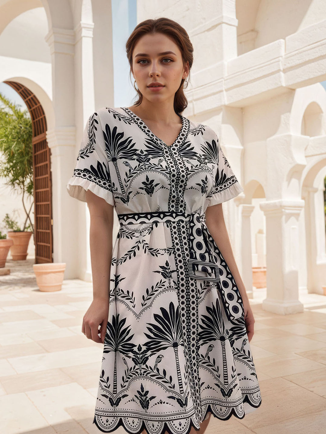Plant Print V-Neck Belted Dress