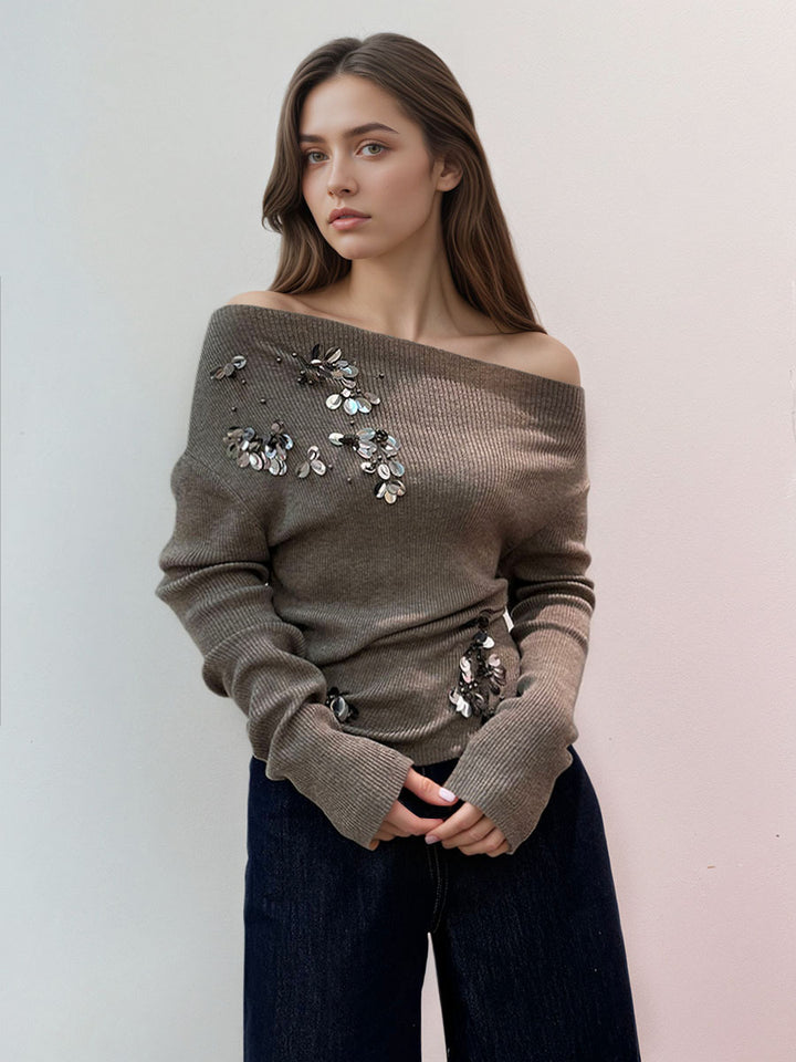 Asymmetric Neck Sequin Long Sleeve Top