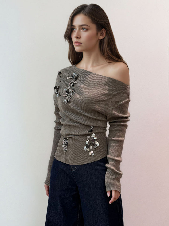 Asymmetric Neck Sequin Long Sleeve Top