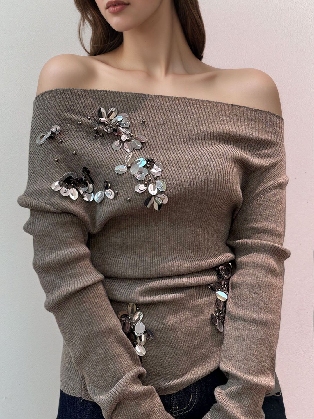 Asymmetric Neck Sequin Long Sleeve Top