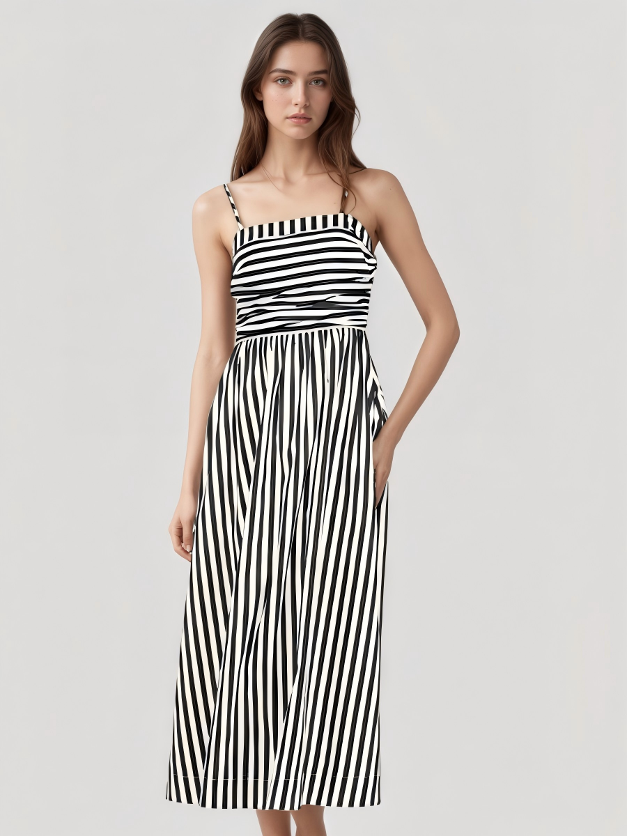Striped Pleated Cami Long Dress