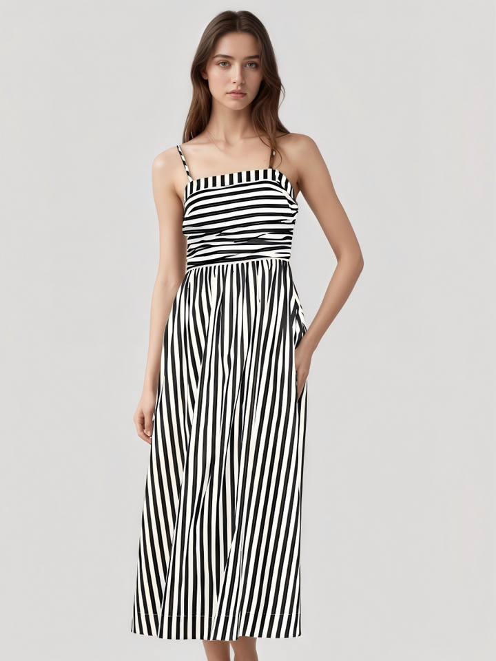 Striped Pleated Cami Long Dress