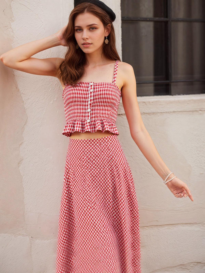 Elegant Vichy Zipper Midi Skirt Set