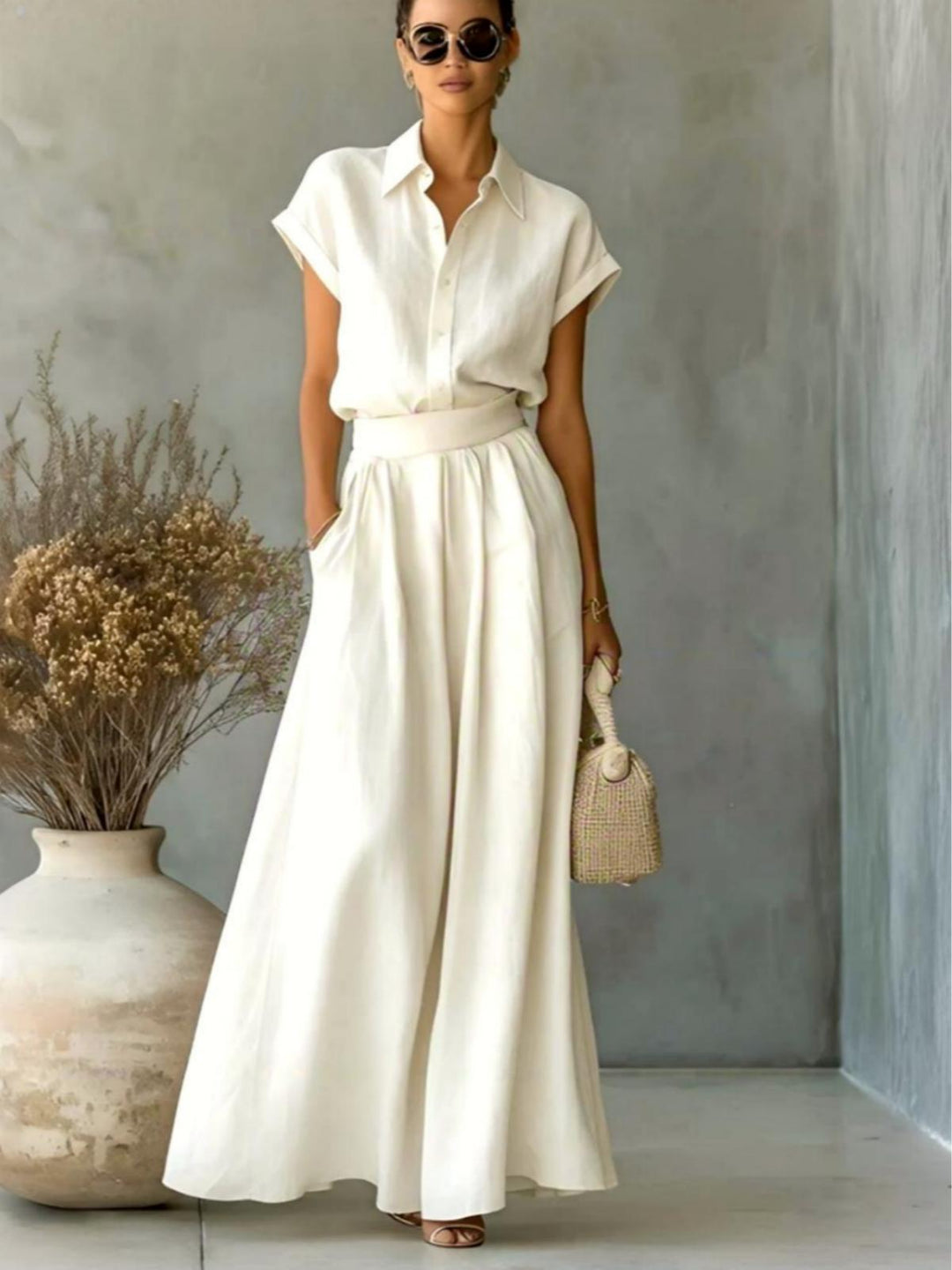 Loose-fitting Top and Wide-leg Pants Set HONEEAR