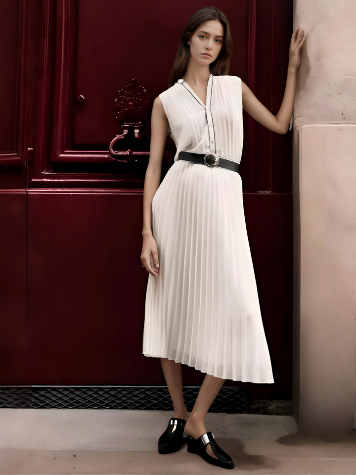 Contrast-Trimmed Shirt and Pleated Skirt Set HONEEAR