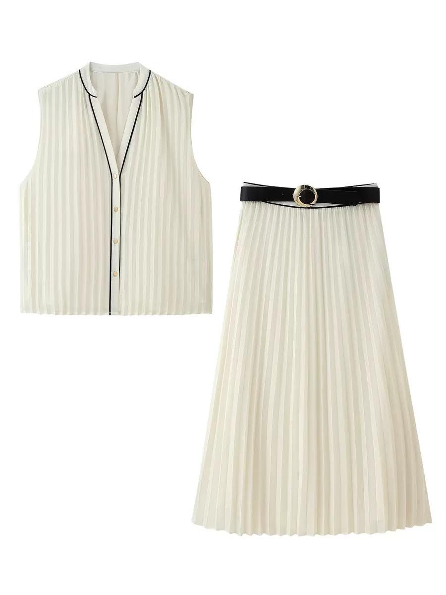 Contrast-Trimmed Shirt and Pleated Skirt Set HONEEAR