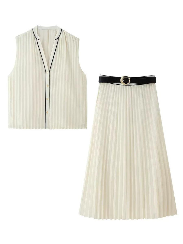 Contrast-Trimmed Shirt and Pleated Skirt Set HONEEAR
