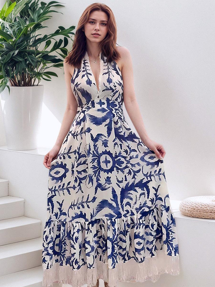 Deep V-fringe Hanging Neck Dress