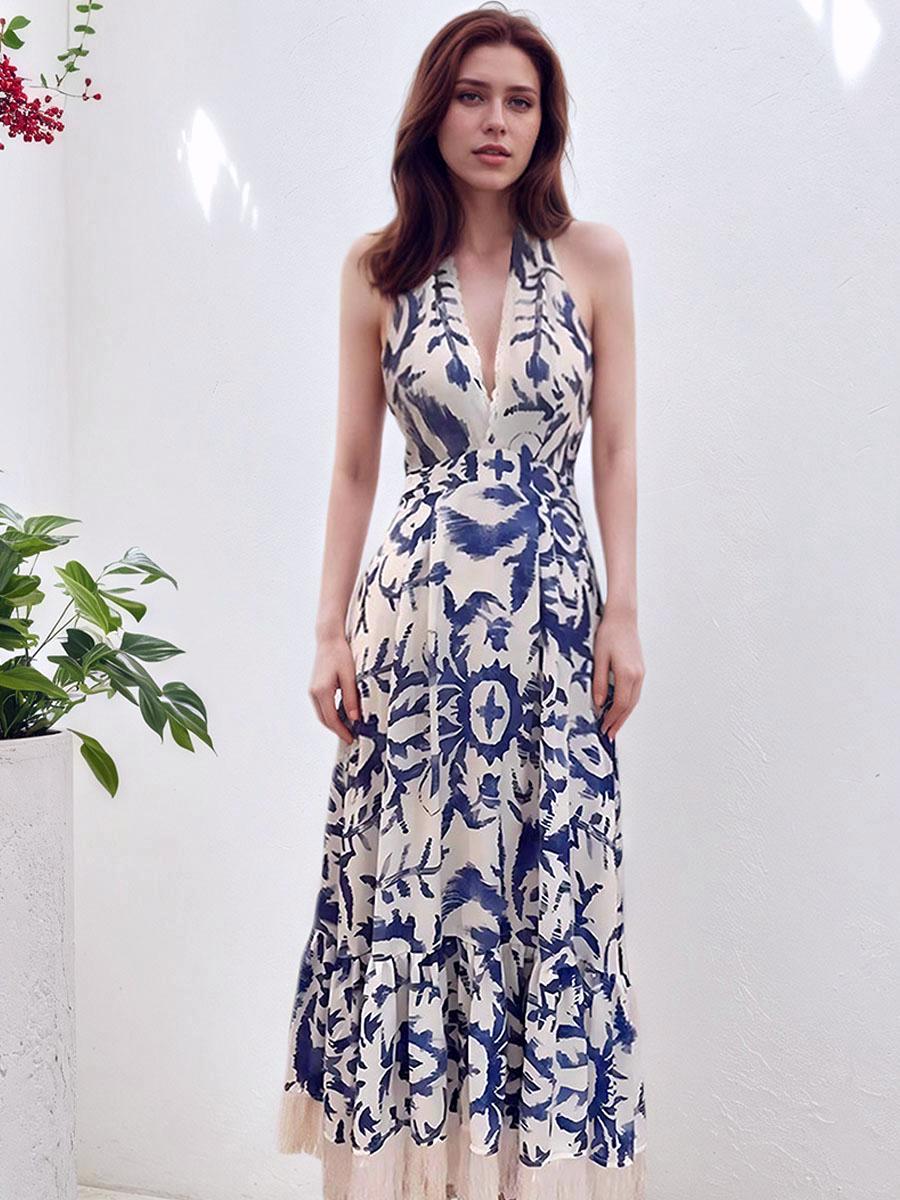 Deep V-fringe Hanging Neck Dress