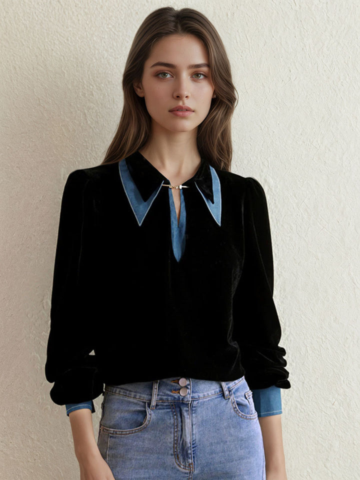 Denim Collar Color-Blocked Flannel Shirt