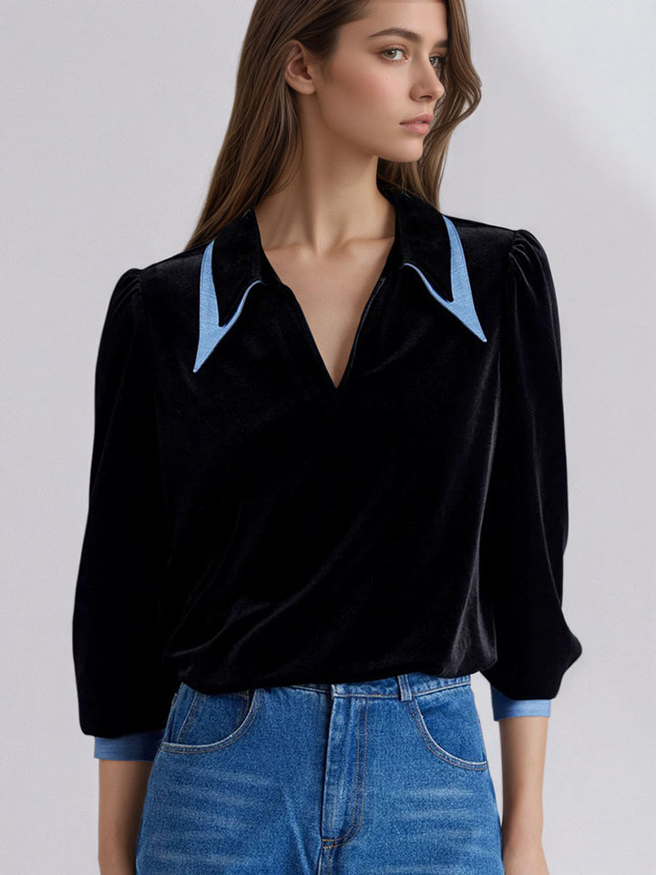 Denim Collar Color-Blocked Flannel Shirt