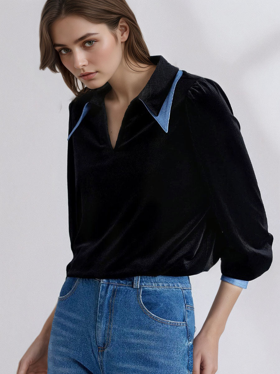 Denim Collar Color-Blocked Flannel Shirt