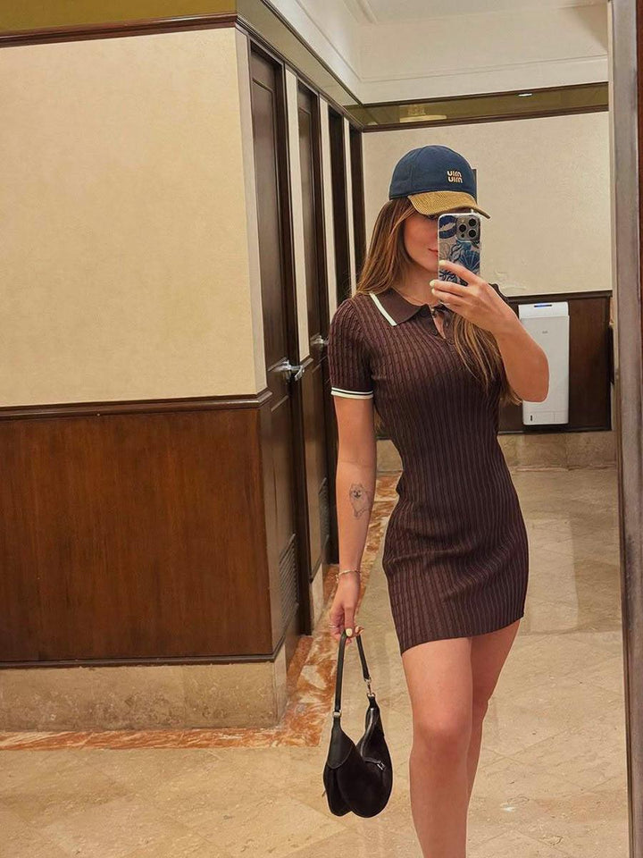 Contrast Collar Cable-Knit Mini Dress