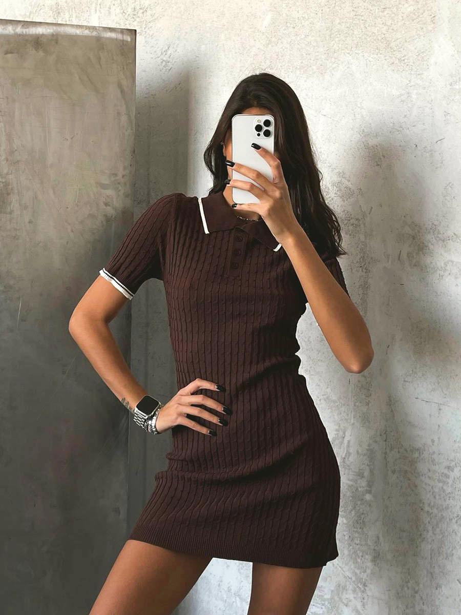 Contrast Collar Cable-Knit Mini Dress