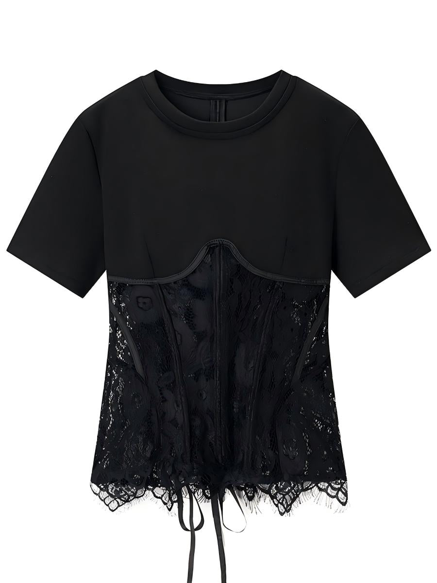 Lace-Panel Fitted-Waist Knit Top