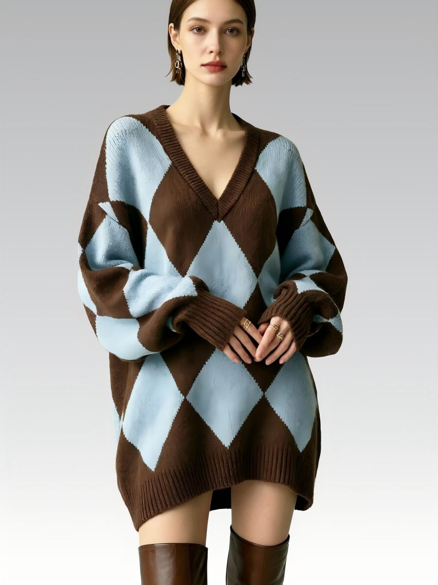Retro Check Jacquard V-neck  Top