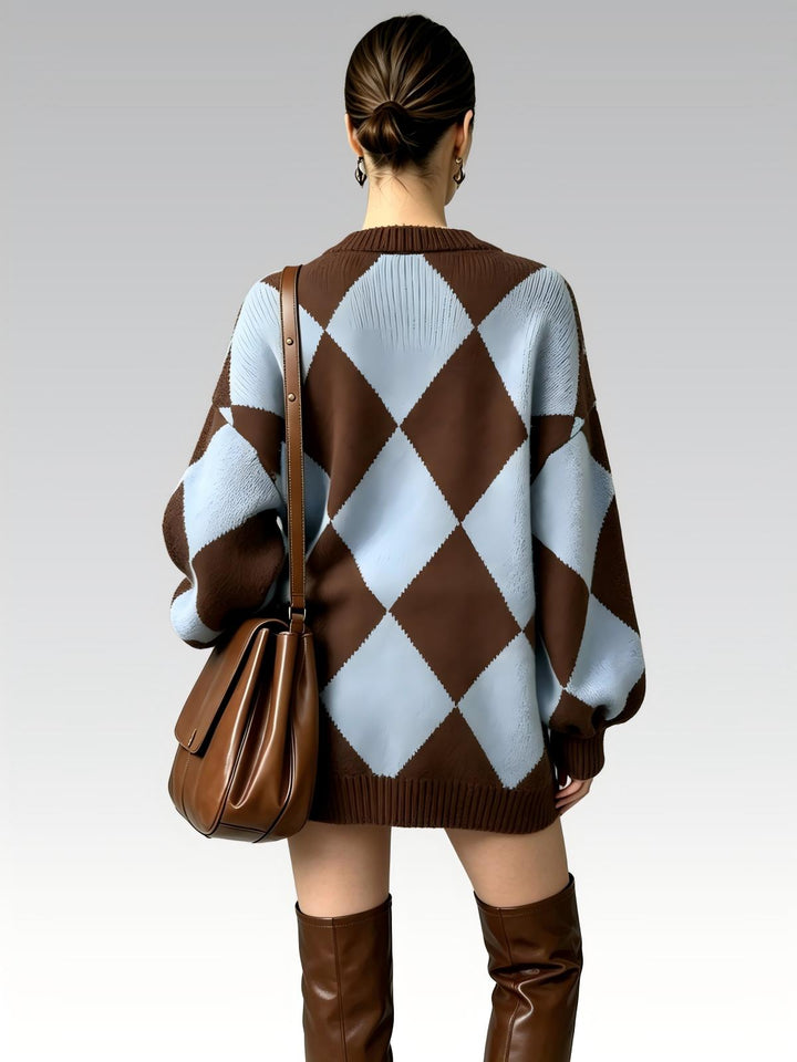 Retro Check Jacquard V-neck  Top