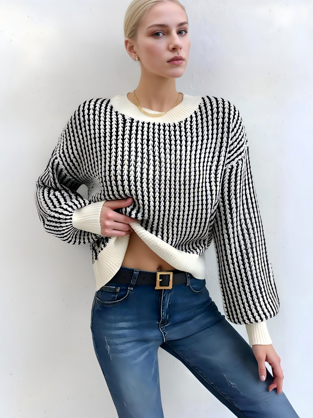 Loose-Fit Two-Tone Striped Knit Top