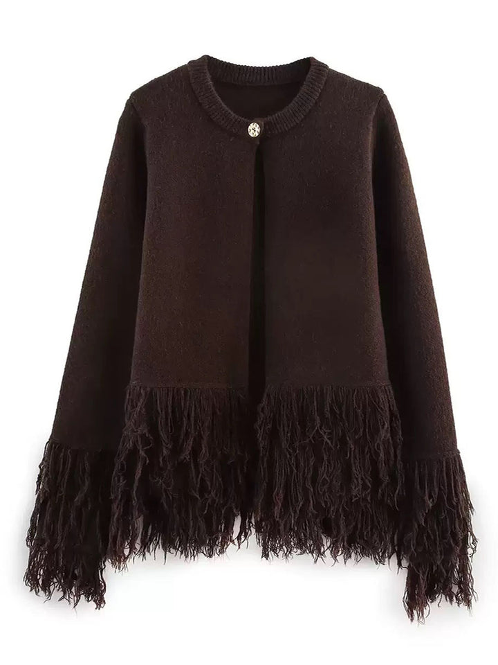One-Button Stylish Fringed Details Sweater