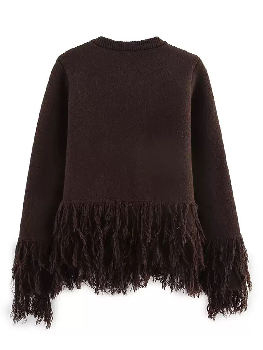 One-Button Stylish Fringed Details Sweater