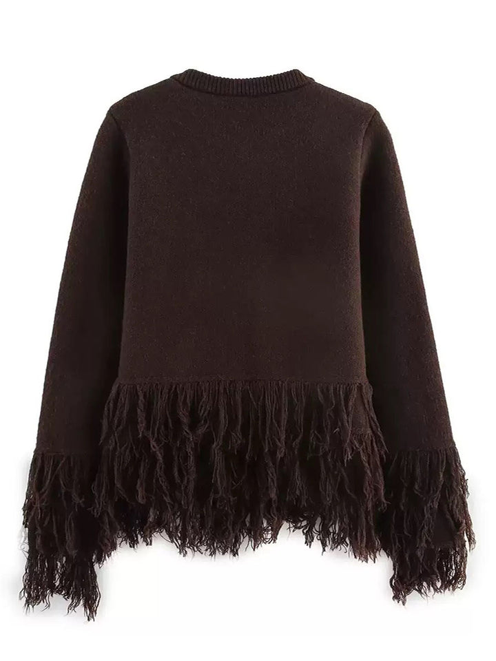 One-Button Stylish Fringed Details Sweater