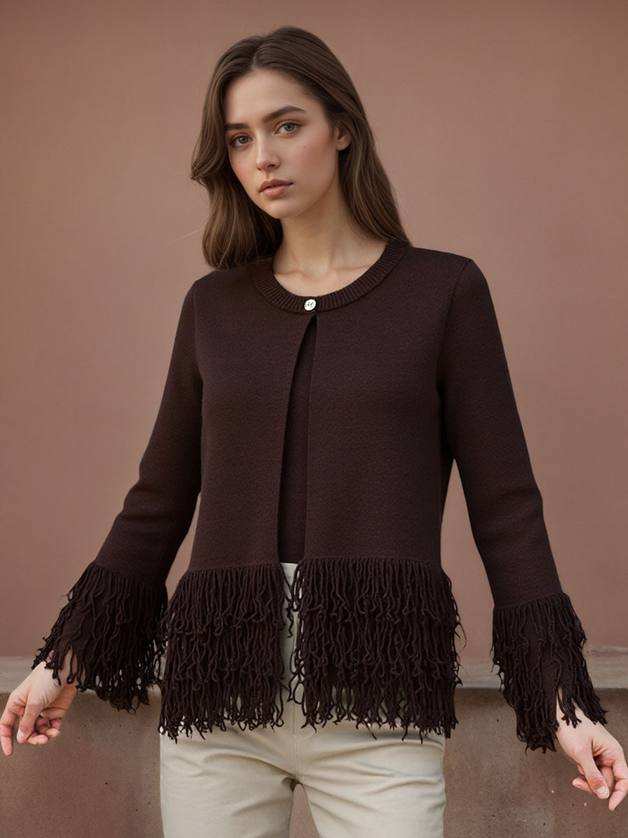 One-Button Stylish Fringed Details Sweater