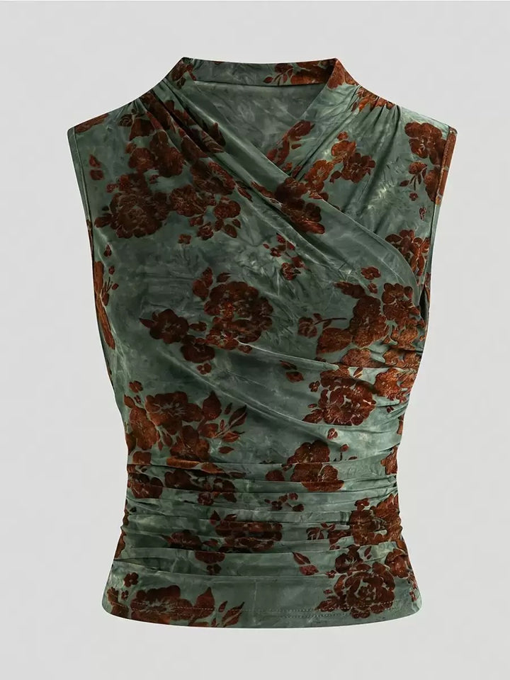 Floral Jacquard Ruched Sleeveless Top