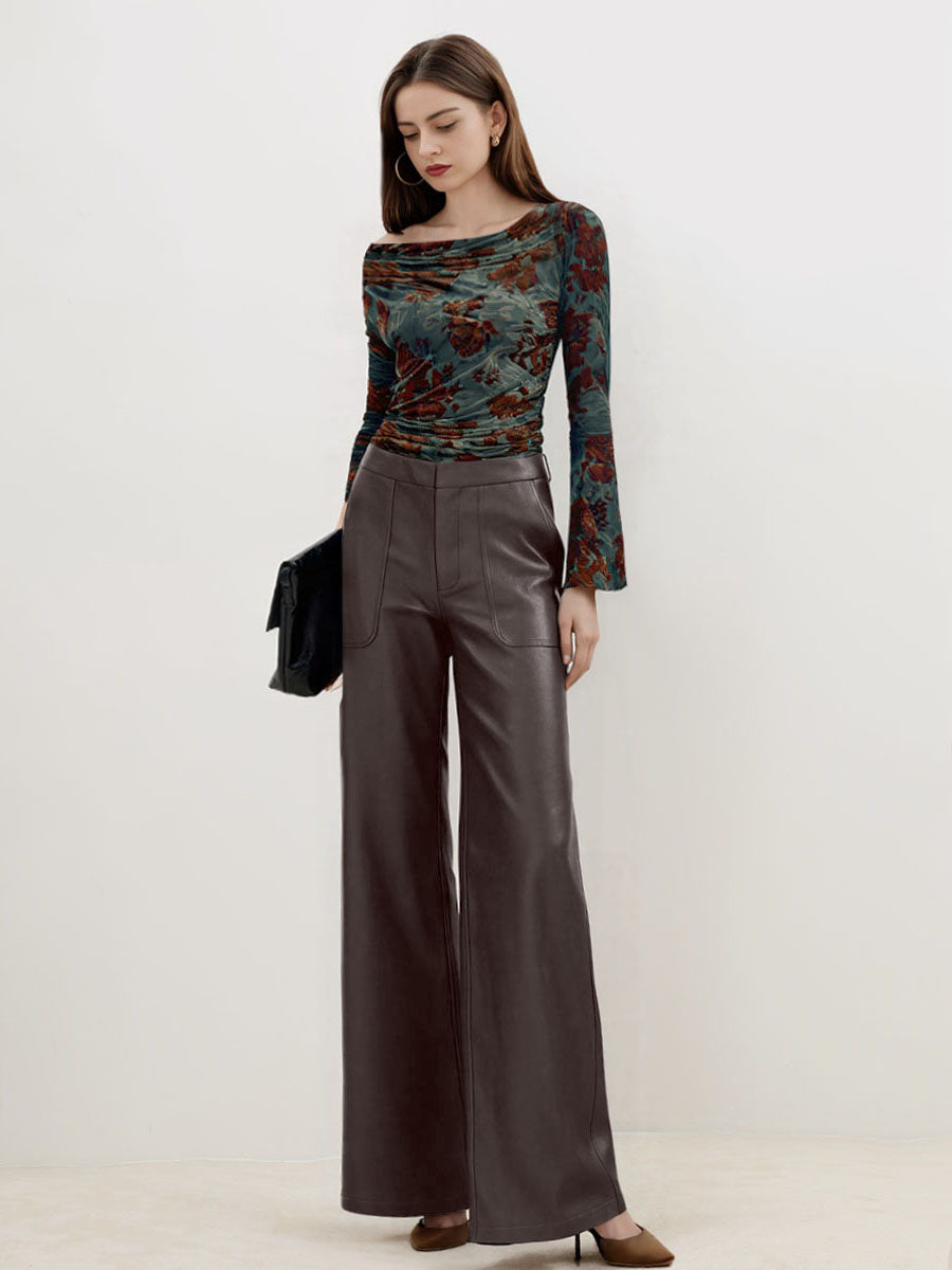 Faux Leather Micro-Flared Straight-Leg Pants