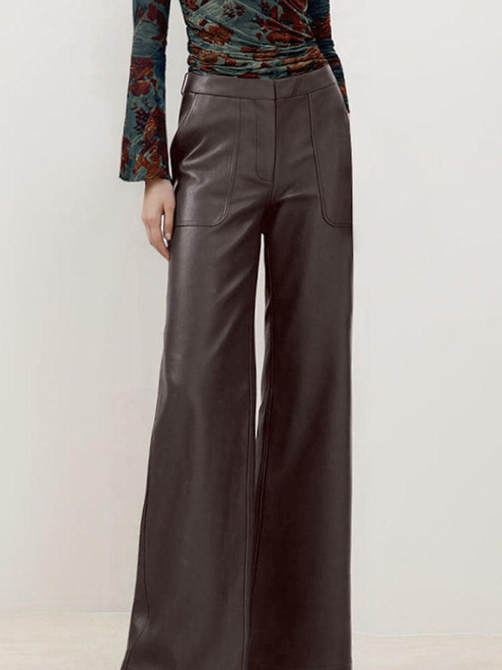 Faux Leather Micro-Flared Straight-Leg Pants