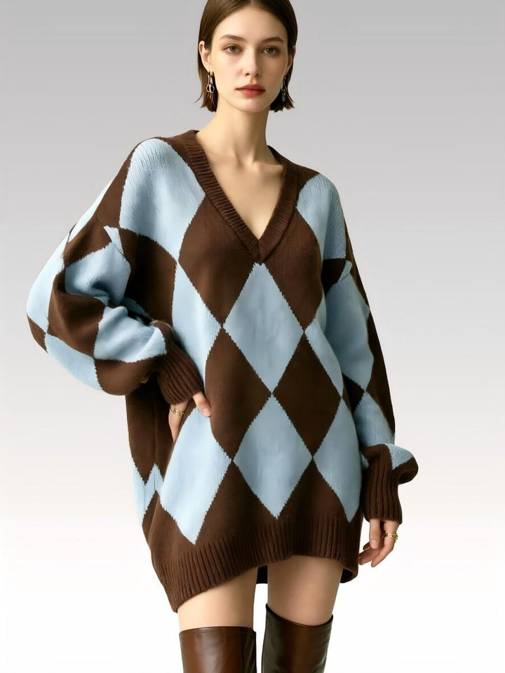 Retro Check Jacquard V-neck  Top