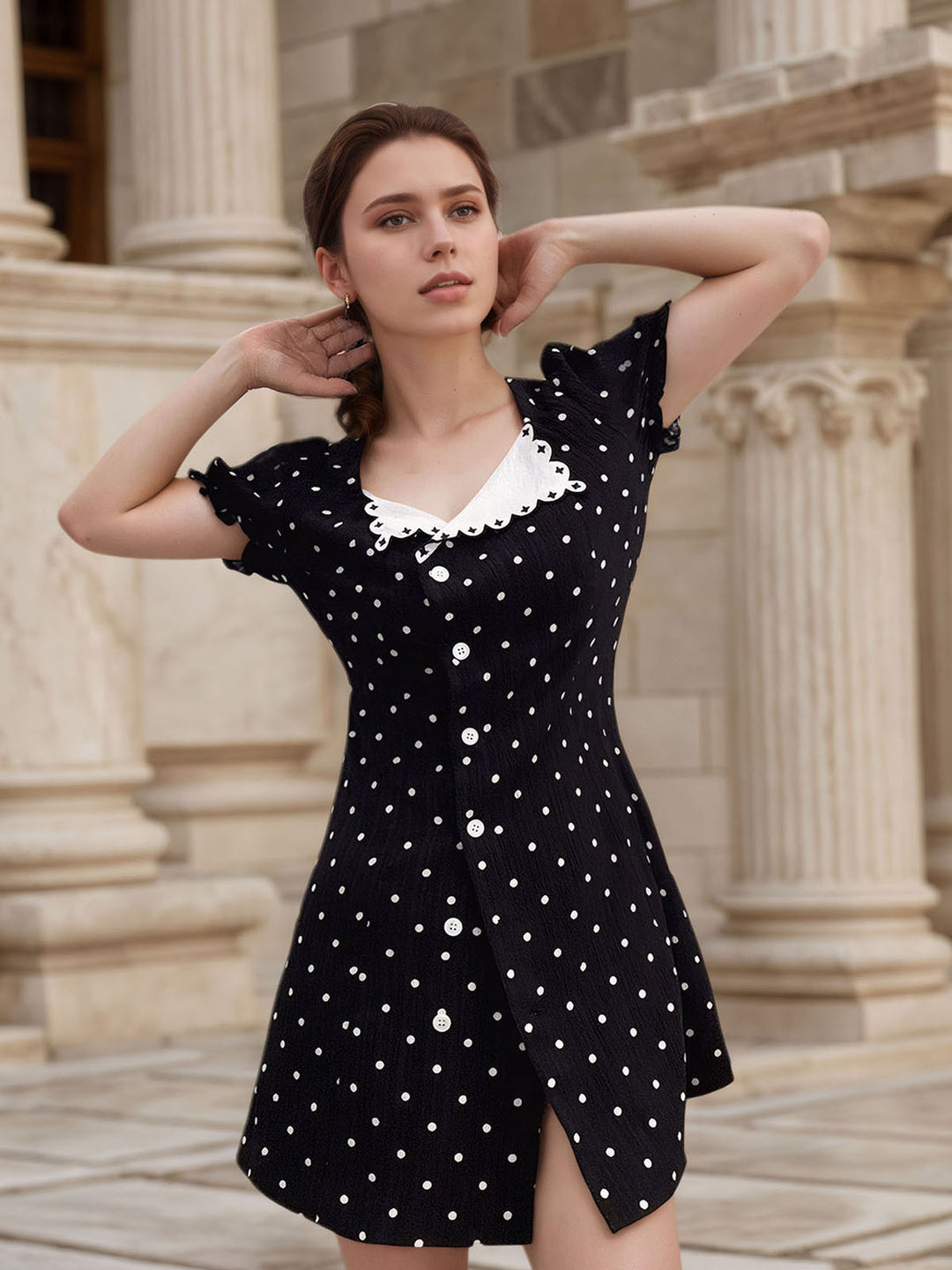 Polka Dot Print Irregular Collar Dress