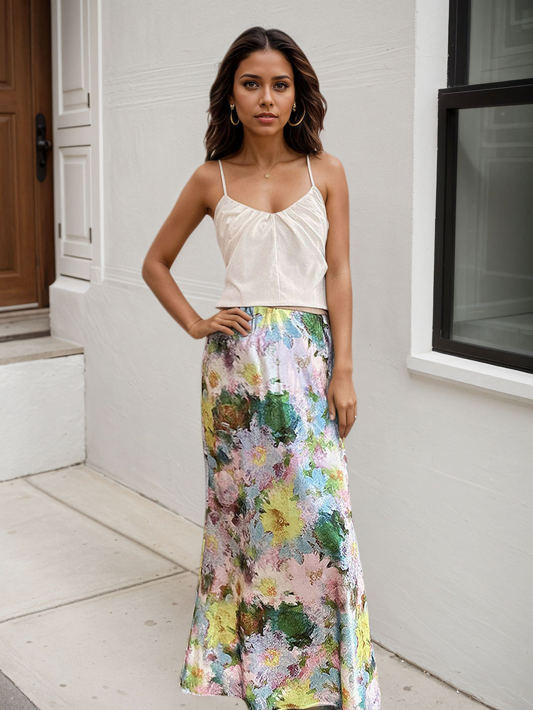 Pastel Floral Satin Midi Skirts