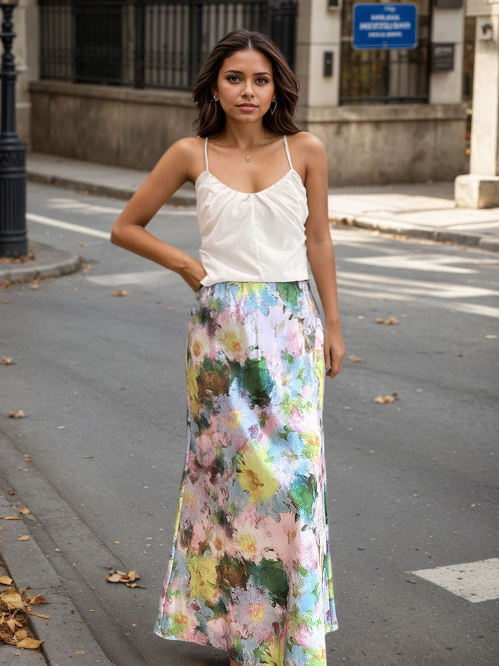 Pastel Floral Satin Midi Skirts