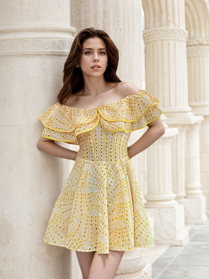 One Shoulder Embroidery Mini Dress