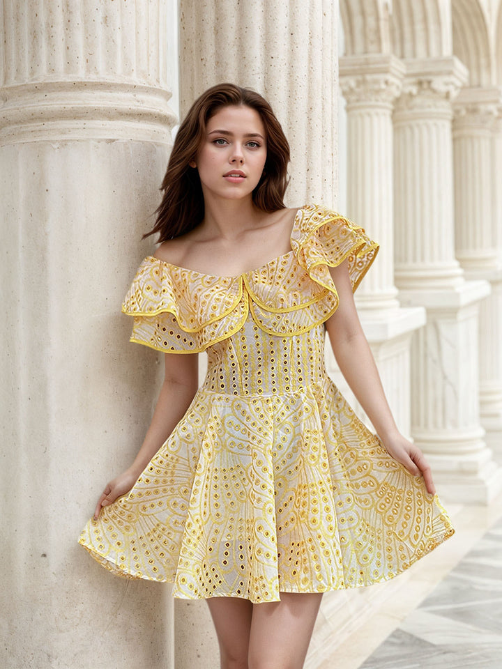One Shoulder Embroidery Mini Dress