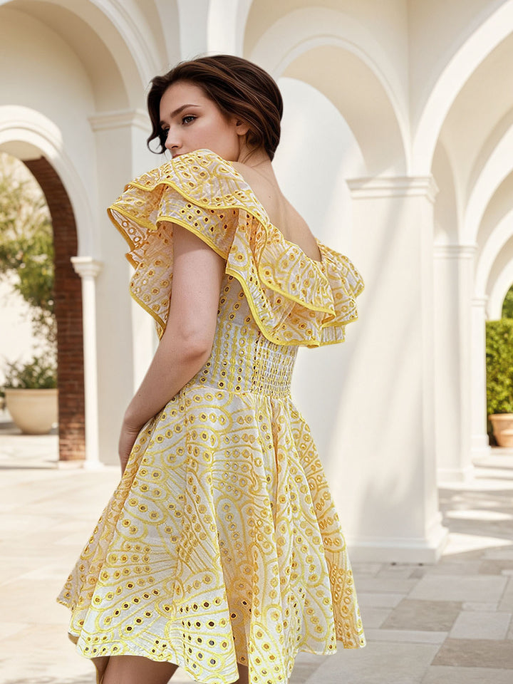 One Shoulder Embroidery Mini Dress