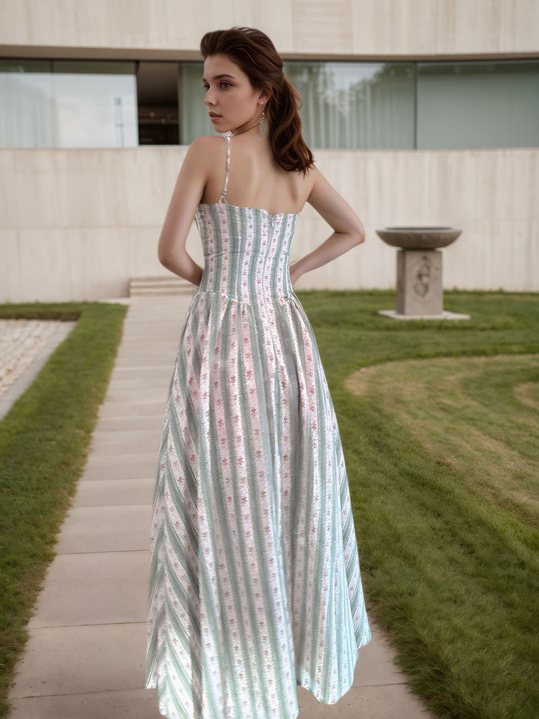 Green Striped Floral Print Dress