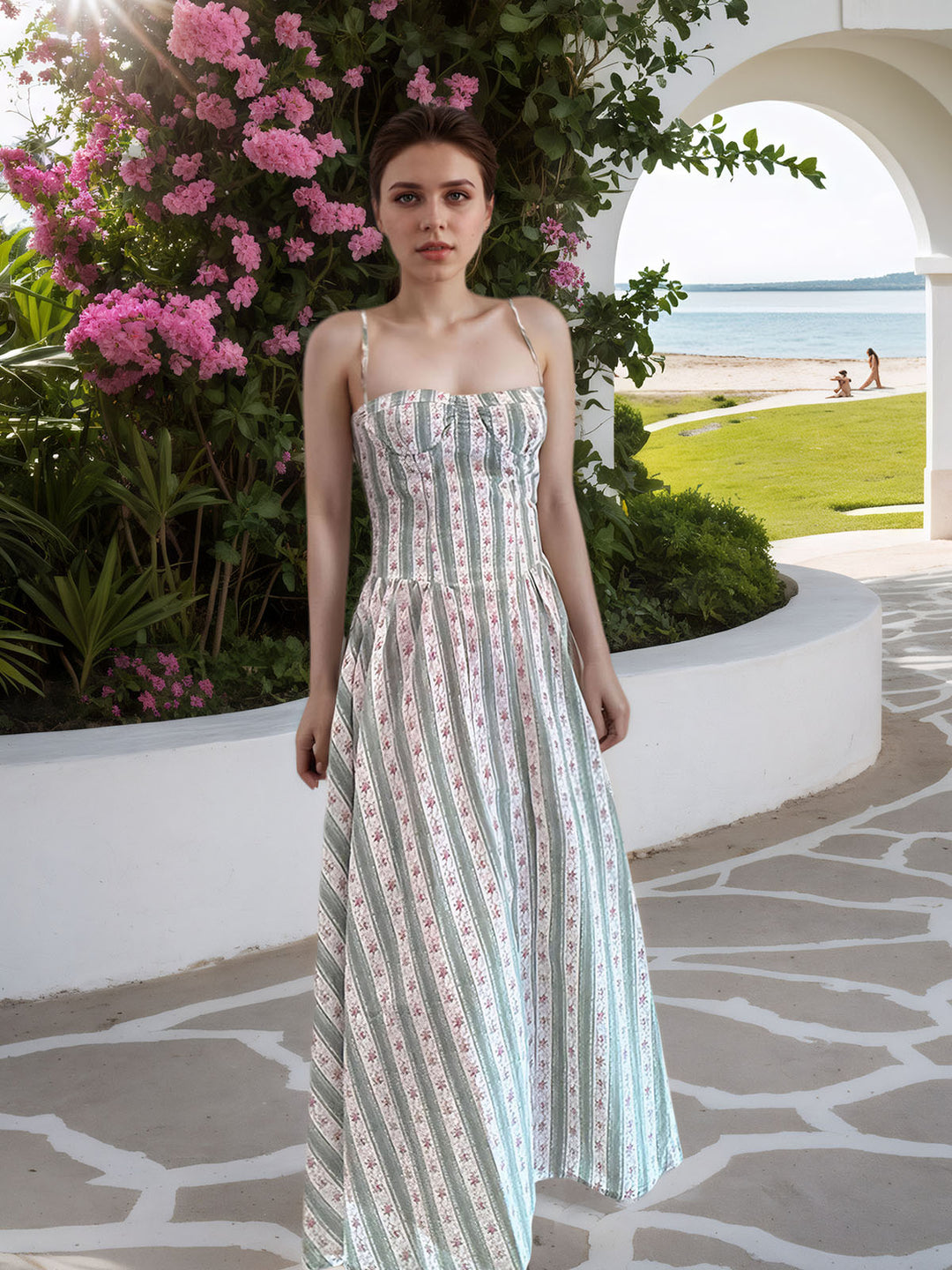 Green Striped Floral Print Dress
